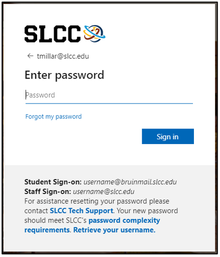 Screen to enter in your MySLCC password