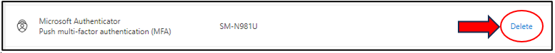 Image of the delete option for the Microsoft Authenticator application.