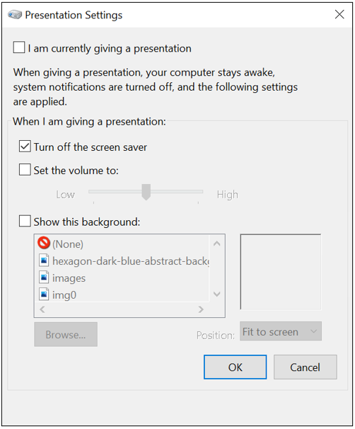 Presentation Settings window for mobile devices