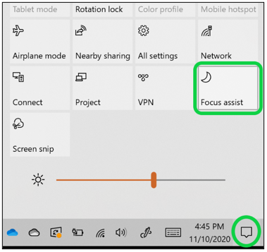 Focus assist window in the notifications window