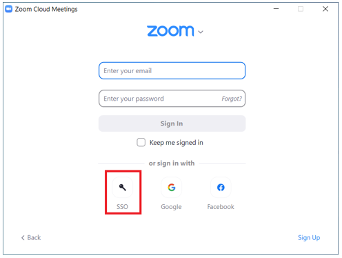 Image of the Zoom credentials page for single sign on option